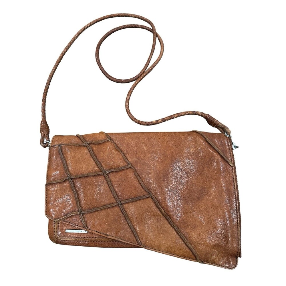 Nixon Brown Leather Crossbody Clutch Bag Patchwork Foldover Boho Purse